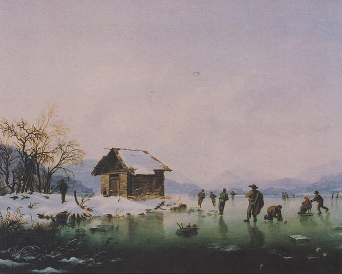 Markus Pernhart Worthersee bei Loretto mit Eislaufern oil painting image